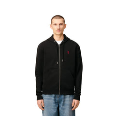AMI PARIS BLACK COTTON AMI DE COEUR ZIPPED HOODIE